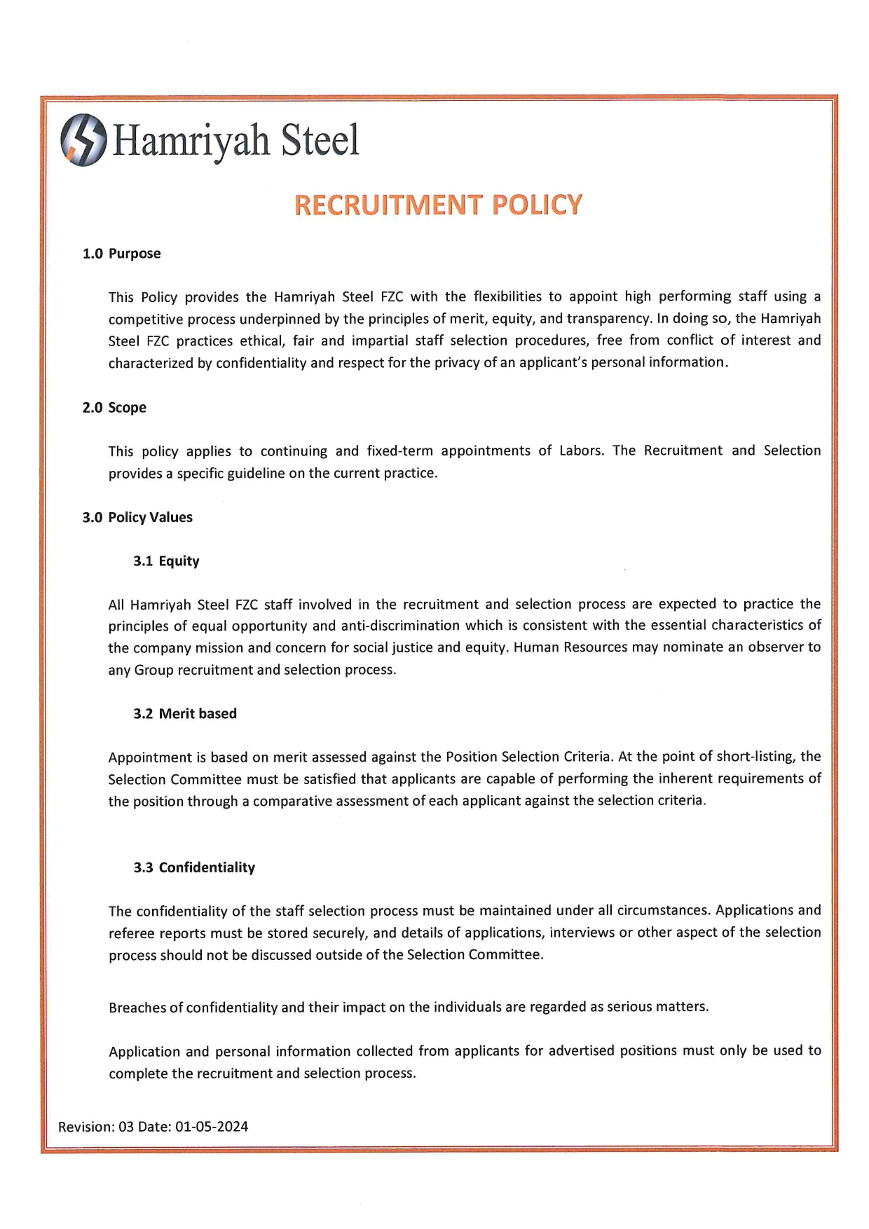 Hamriyah Steel  Recruitment Policy